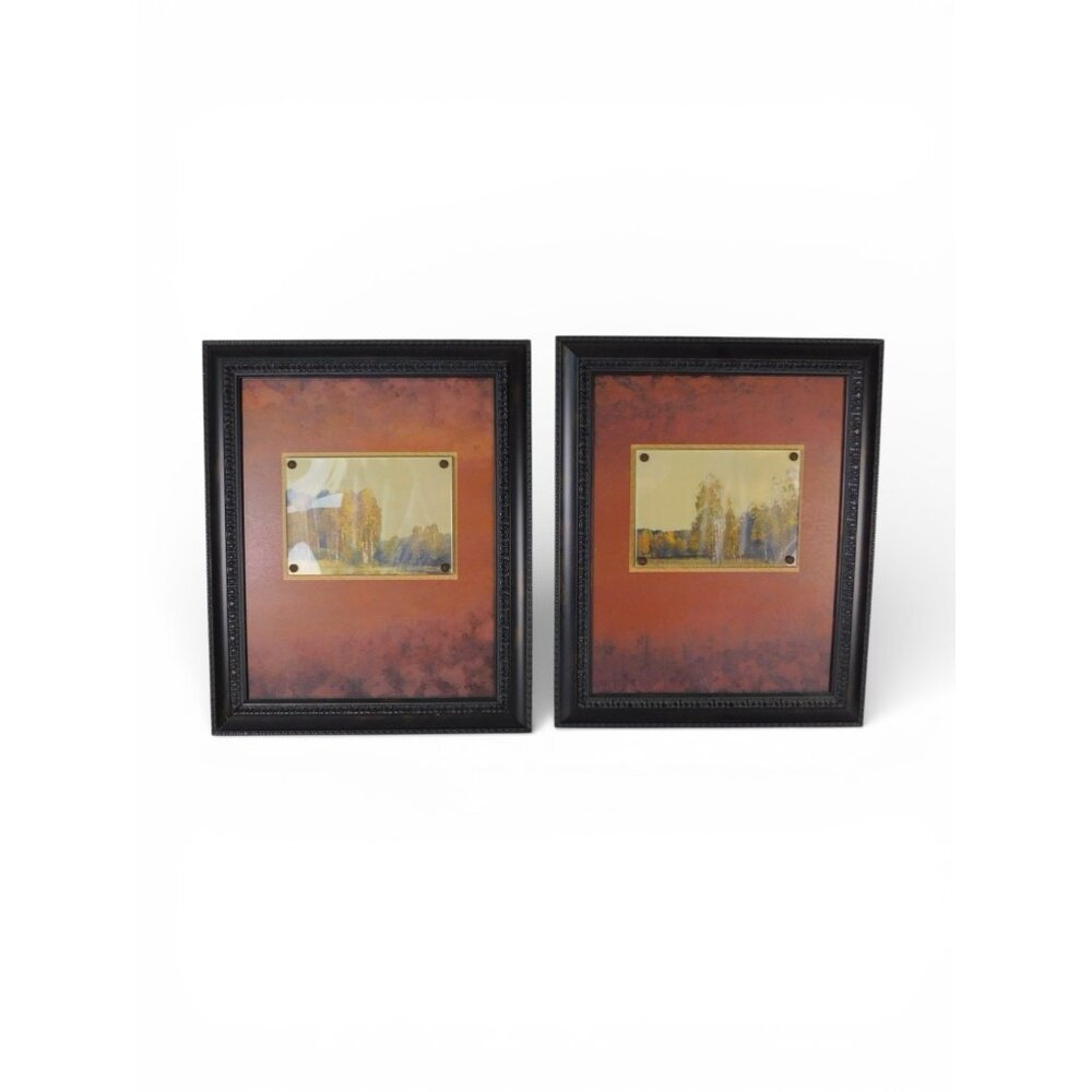 Set Of 2 Tree Landscape Diptych Framed Prints Medium Orange Brown Wall Decor